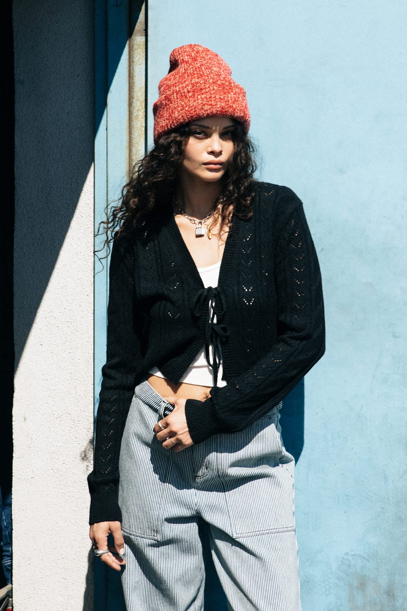 brixton Cropped Pointelle Tie Cardigan