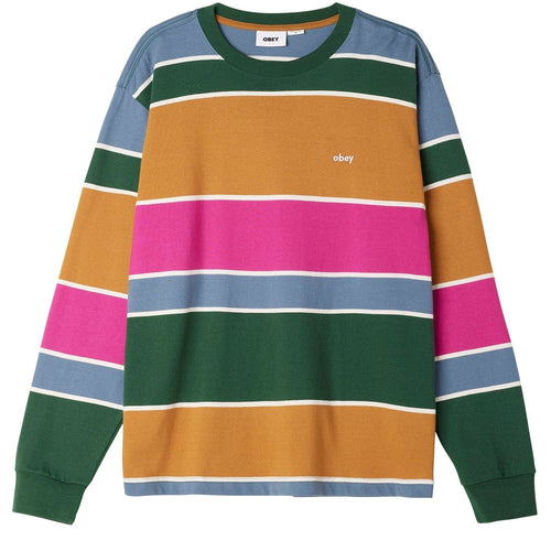 t-shirt obey NATIONALE STRIPE TEE LS - DARK CEDAR MULTI