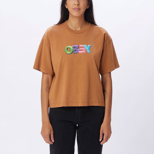 t-shirt obey OBEY BUBBLE CUSTOM CROP TEE - BROWN SUGAR